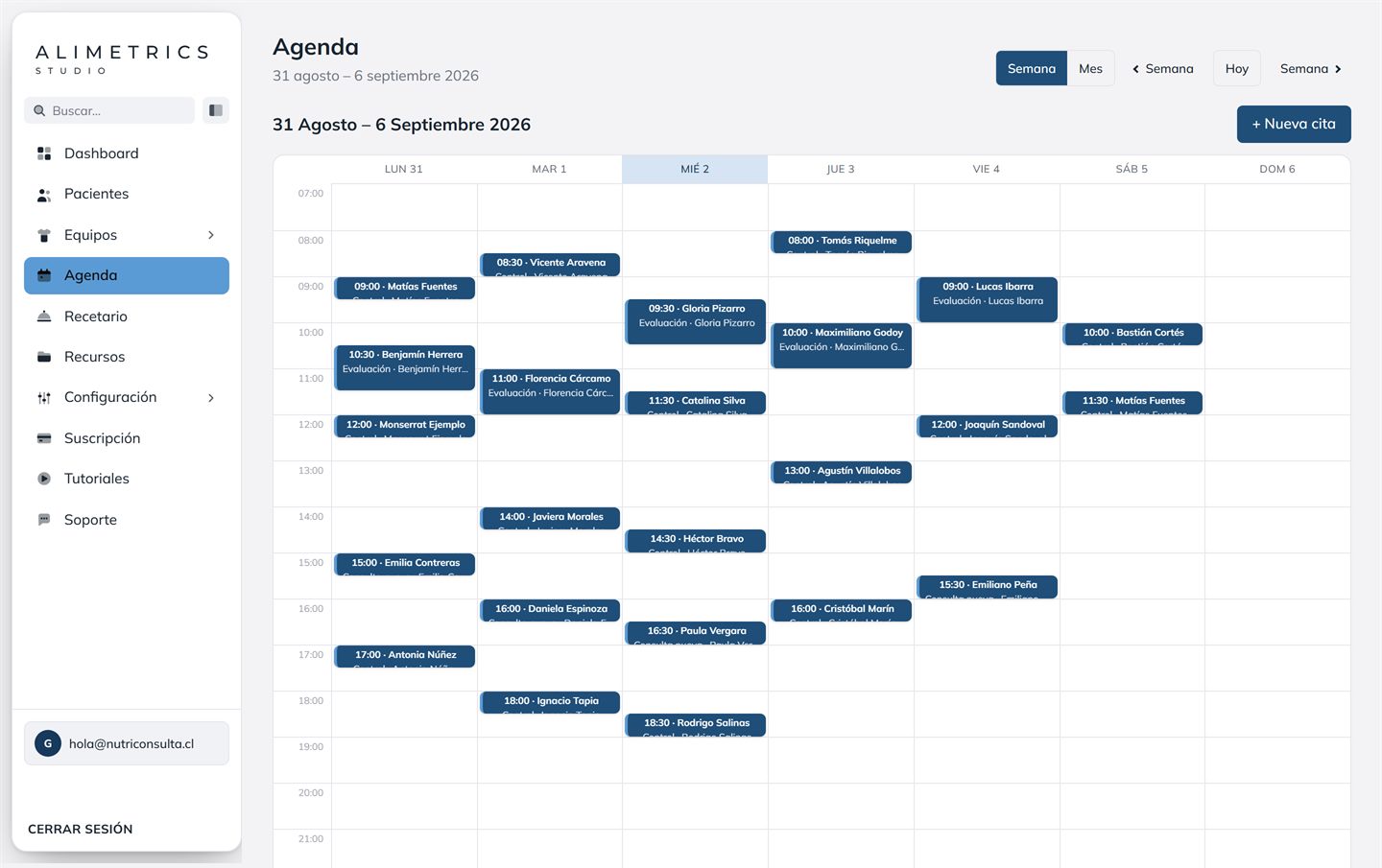 Agenda semanal llena de citas de pacientes, sincronizada con Google Calendar