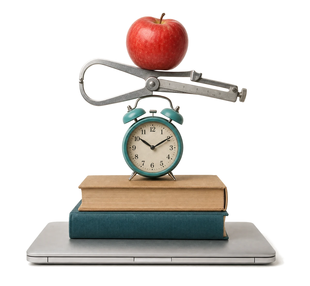 Laptop, libros, reloj, plicómetro y una manzana apilados en equilibrio